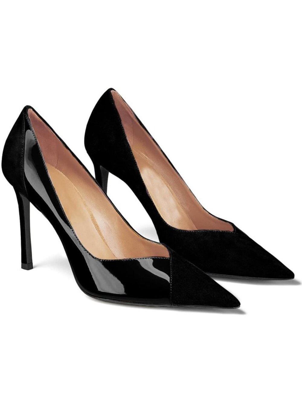 Women's Black Pointed Toe High Heels Pumps Patent Suede Stiletto Heel Slip On
